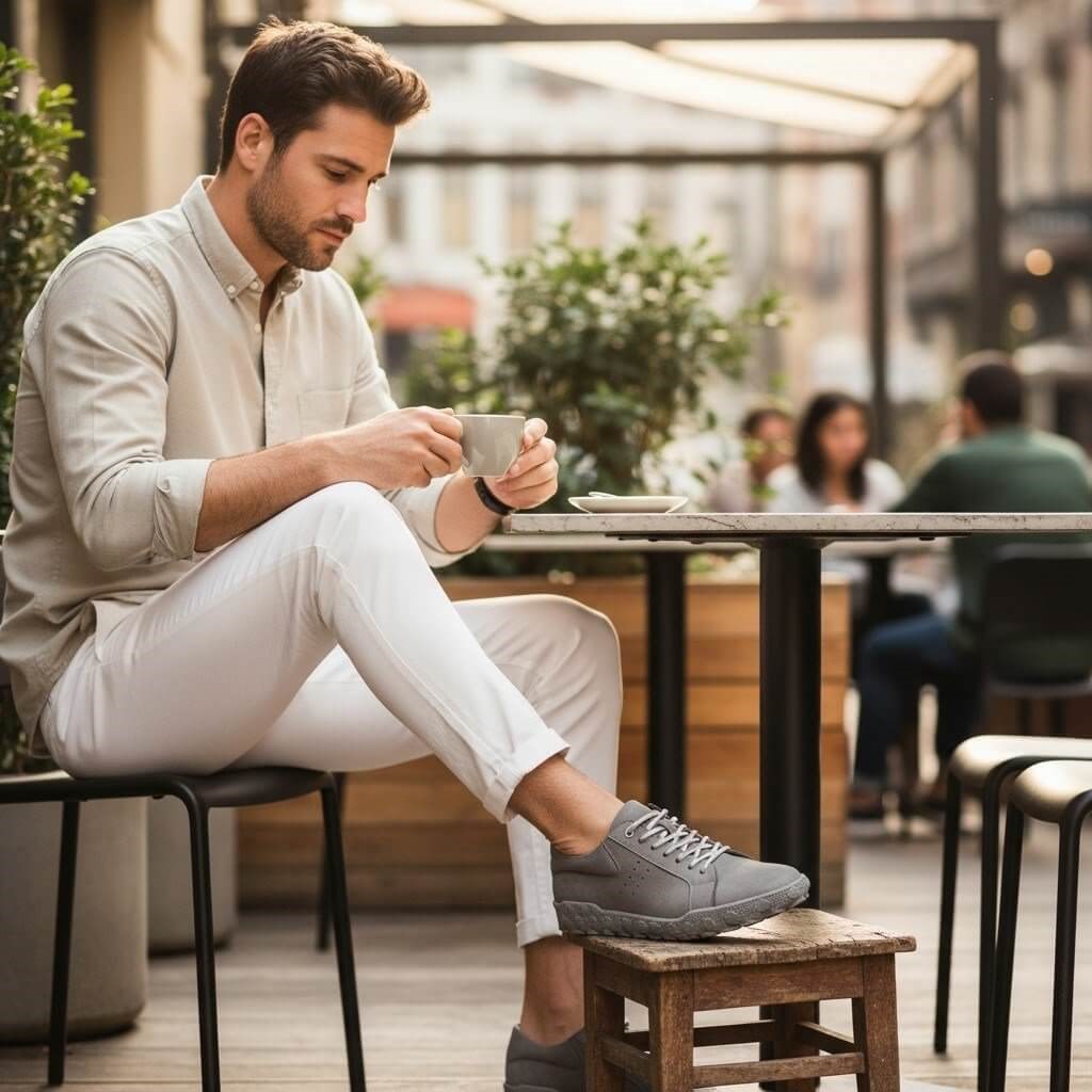 Mankenli çekimde gri dana nubuk deri, rahat geniş taraklı büyük numara erkek ayakkabının modern günlük kombin görünümü