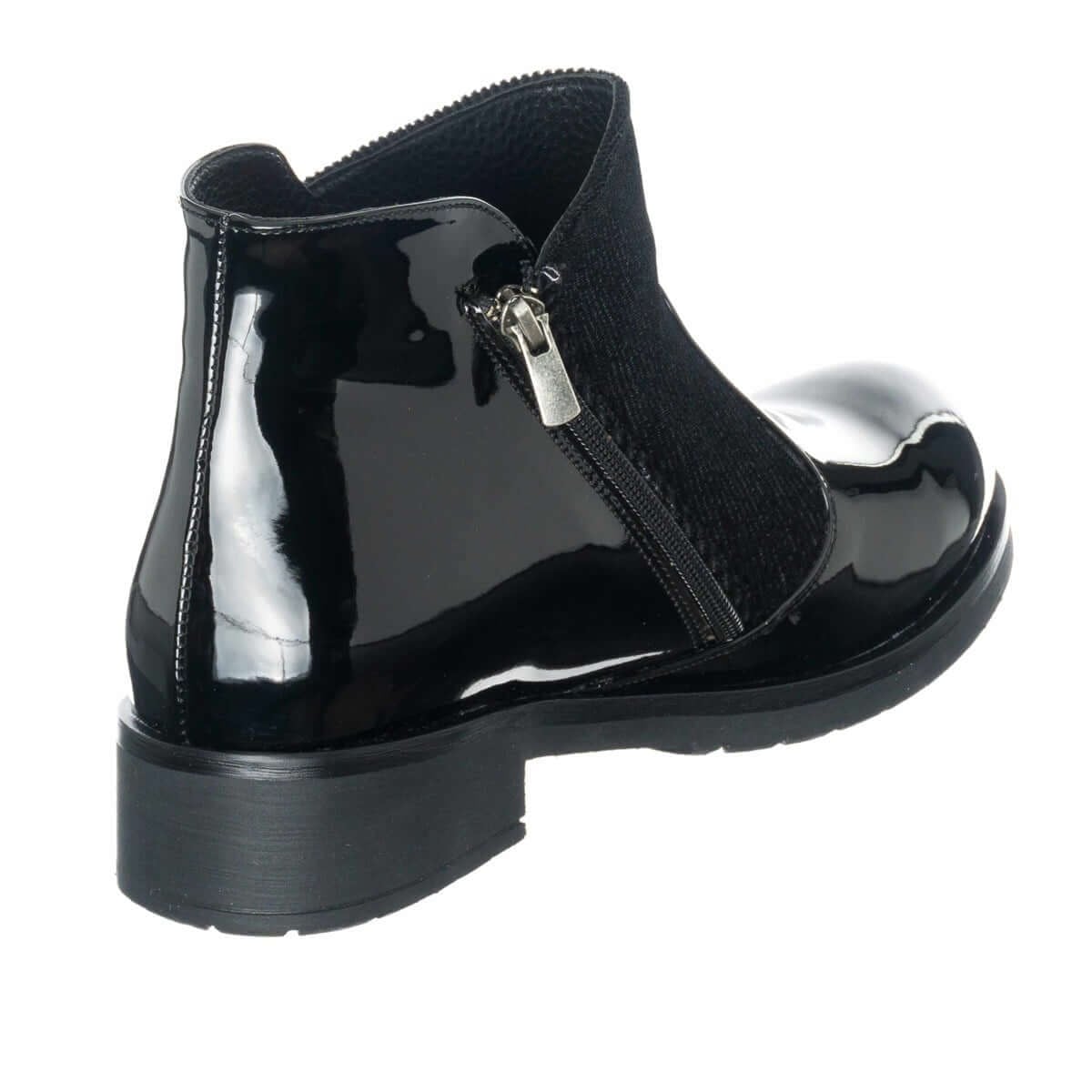 İriadam K505 siyah kadın bot sol iç arkadan görünüm, iç yan işlevsel fermuar, koruyucu parça ve Termolight taban detayı