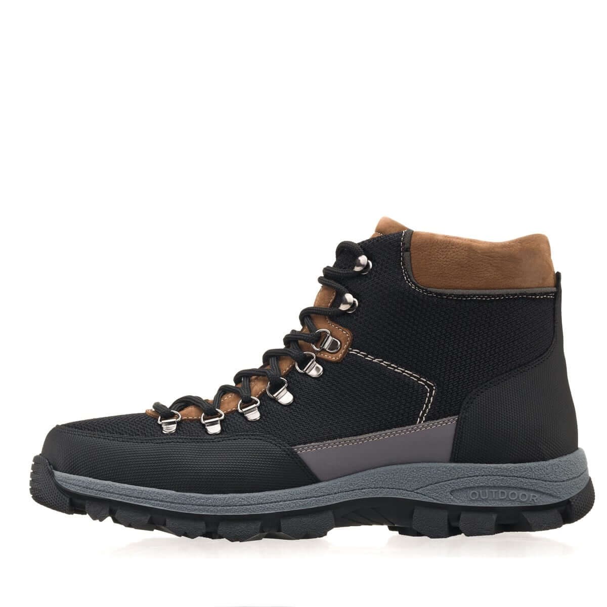 İriadam AG1071 siyah outdoor erkek bot tam yandan görünüm, 6 sıra metal bağcık, 2 açık kanca ve Termolight taban