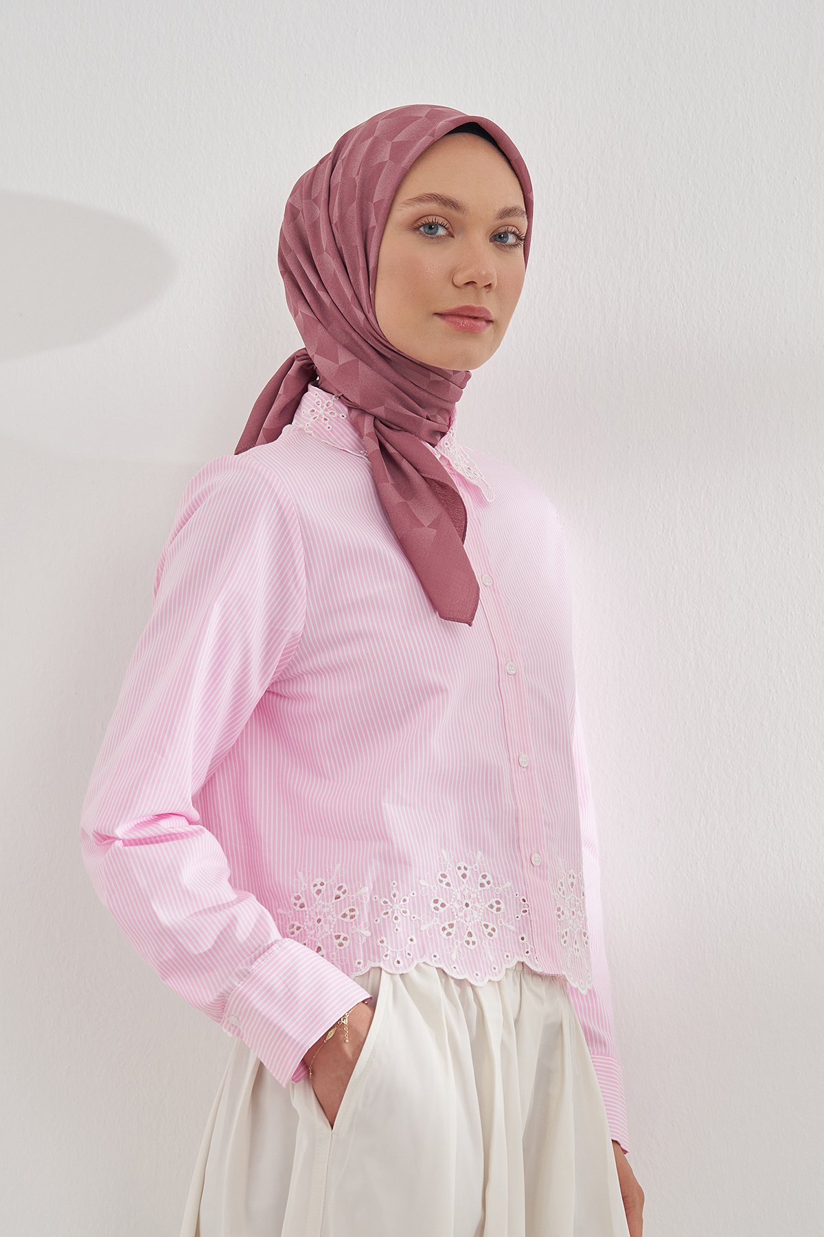 COTTON MONOGRAM GEOMETRİK DESEN EŞARP - GÜL KURUSU