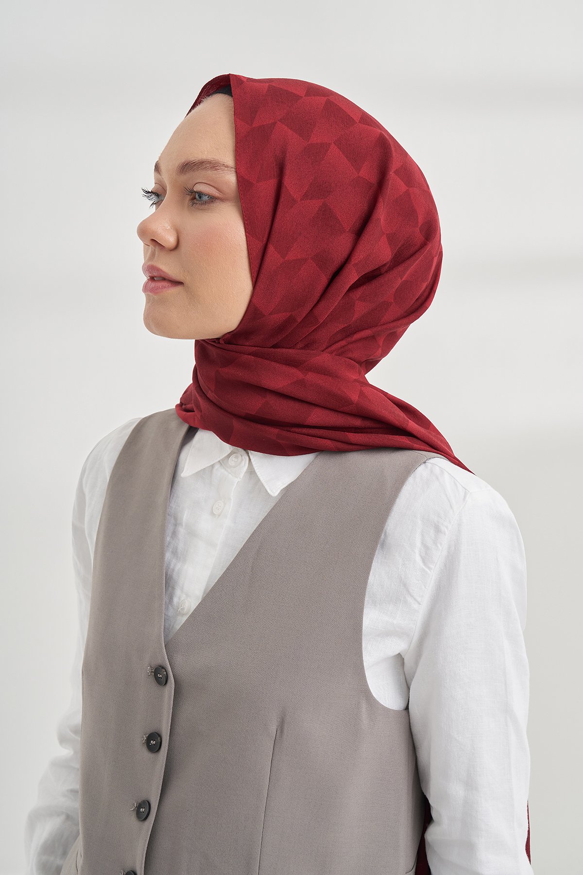 COTTON MONOGRAM GEOMETRİK DESEN ŞAL - BORDO