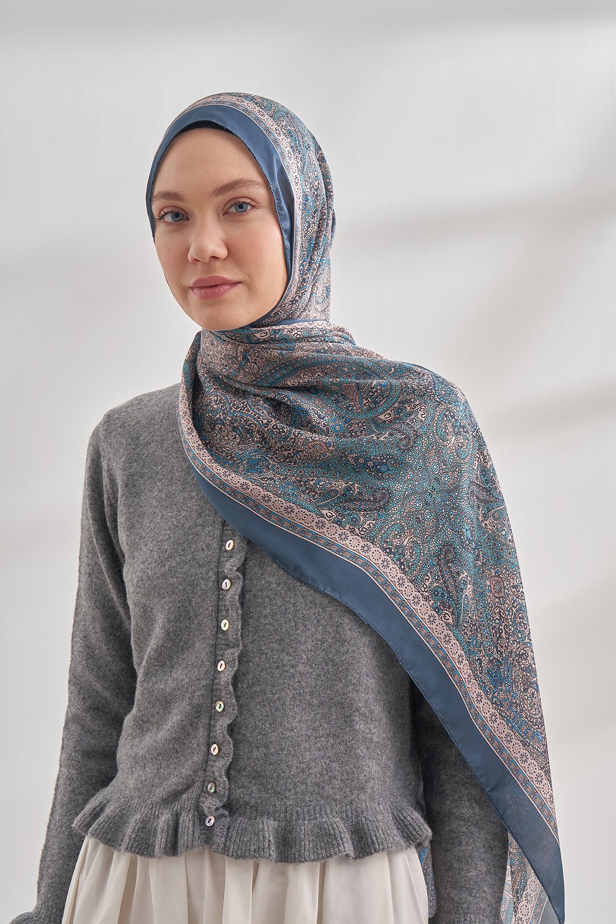 ETHNIC VUAL VINTAGE DESEN ŞAL - LACİVERT - TURKUAZ