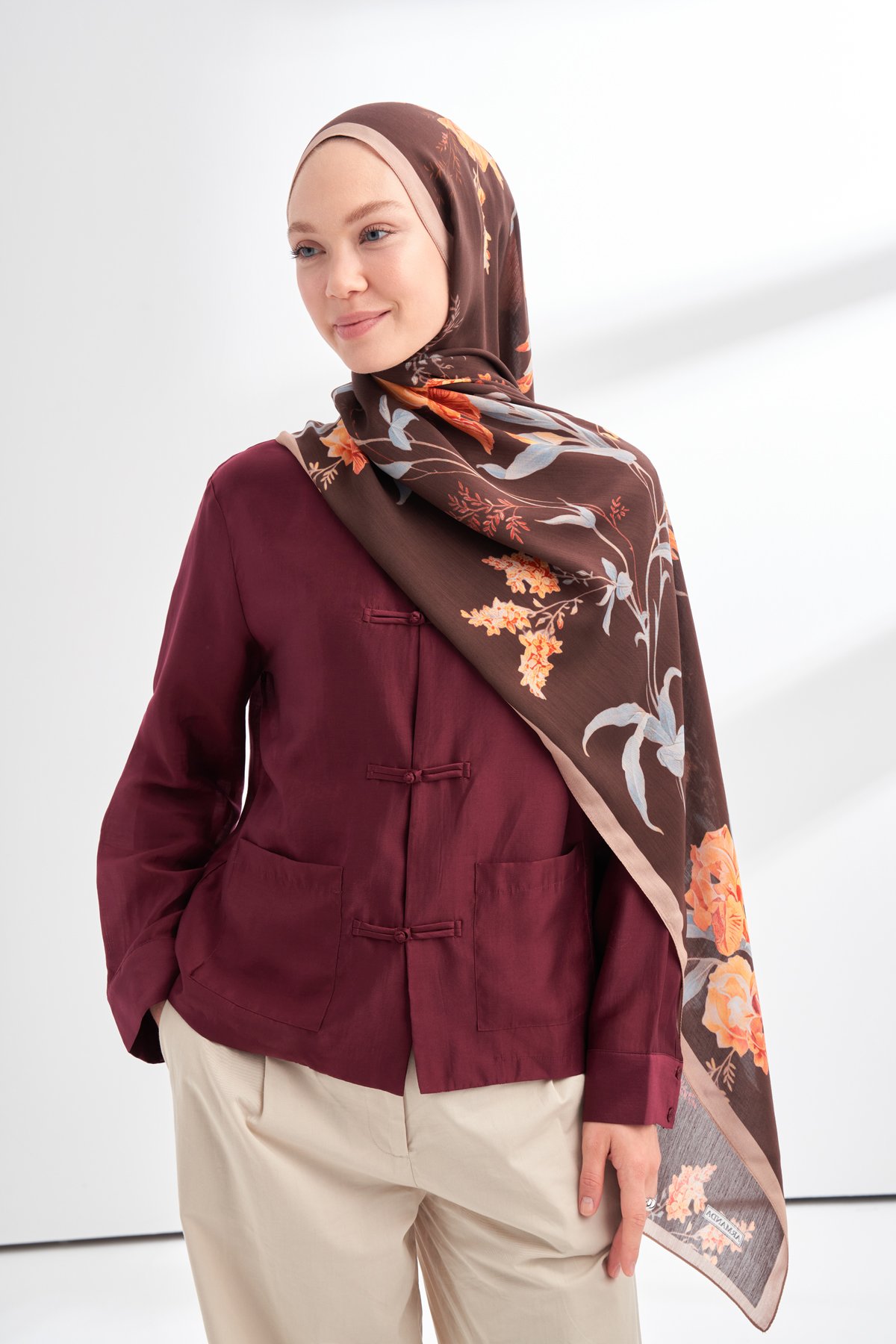 FLORAL ARCHIVE AVELINE DESEN ŞAL - VİZON - KAHVE