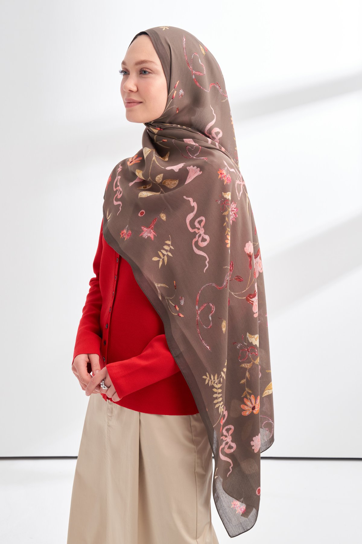 FLORAL ARCHIVE LAVINIA DESEN ŞAL - AÇIK KAHVE - SOMON