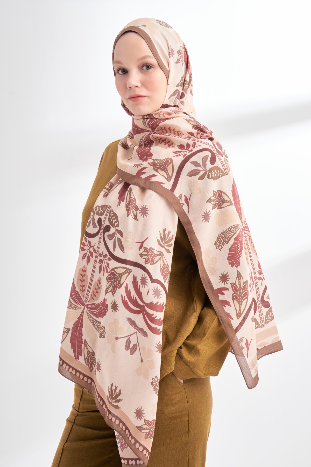 FLORAL ARCHIVE PALMERA DESEN ŞAL - KAHVE - BEJ