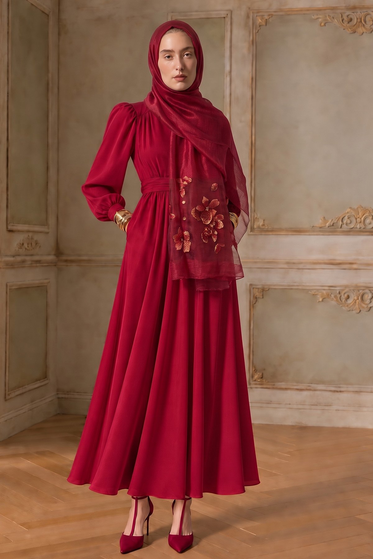 İPEKLİ BELLE DESEN ŞAL - BORDO