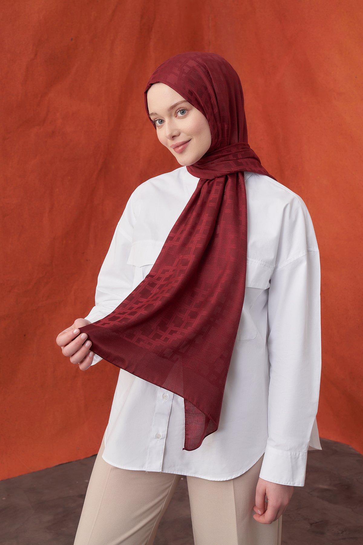 İTALYAN JAKAR BLOK DESEN ŞAL - BORDO