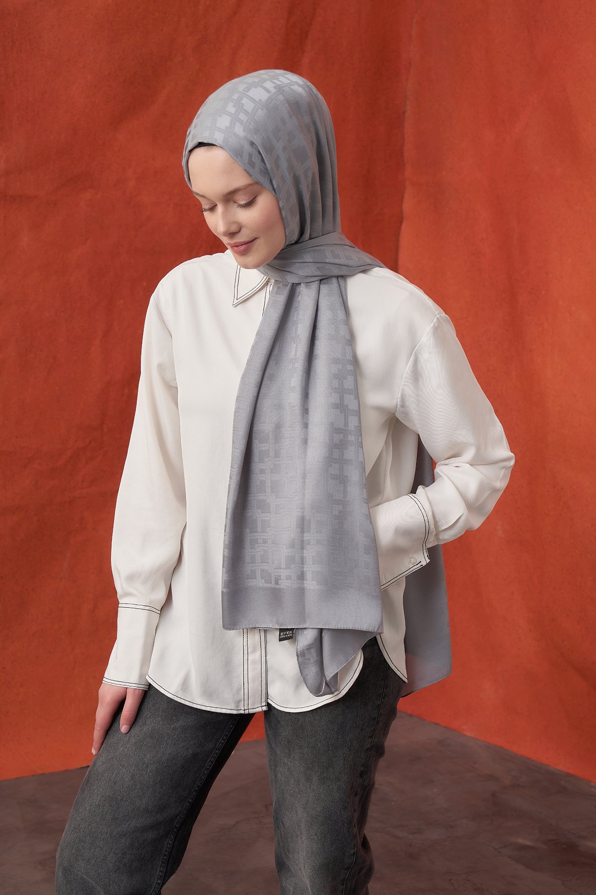 İTALYAN JAKAR BLOK DESEN ŞAL -  GRİ