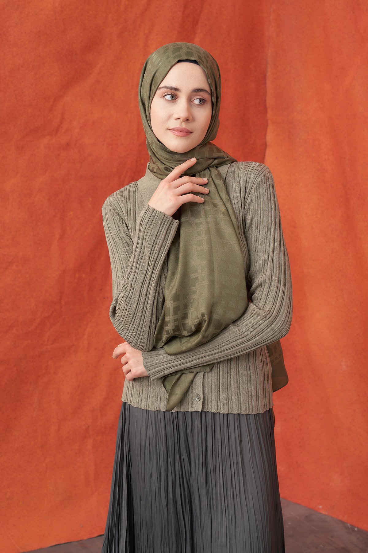 İTALYAN JAKAR BLOK DESEN ŞAL -  HAKİ