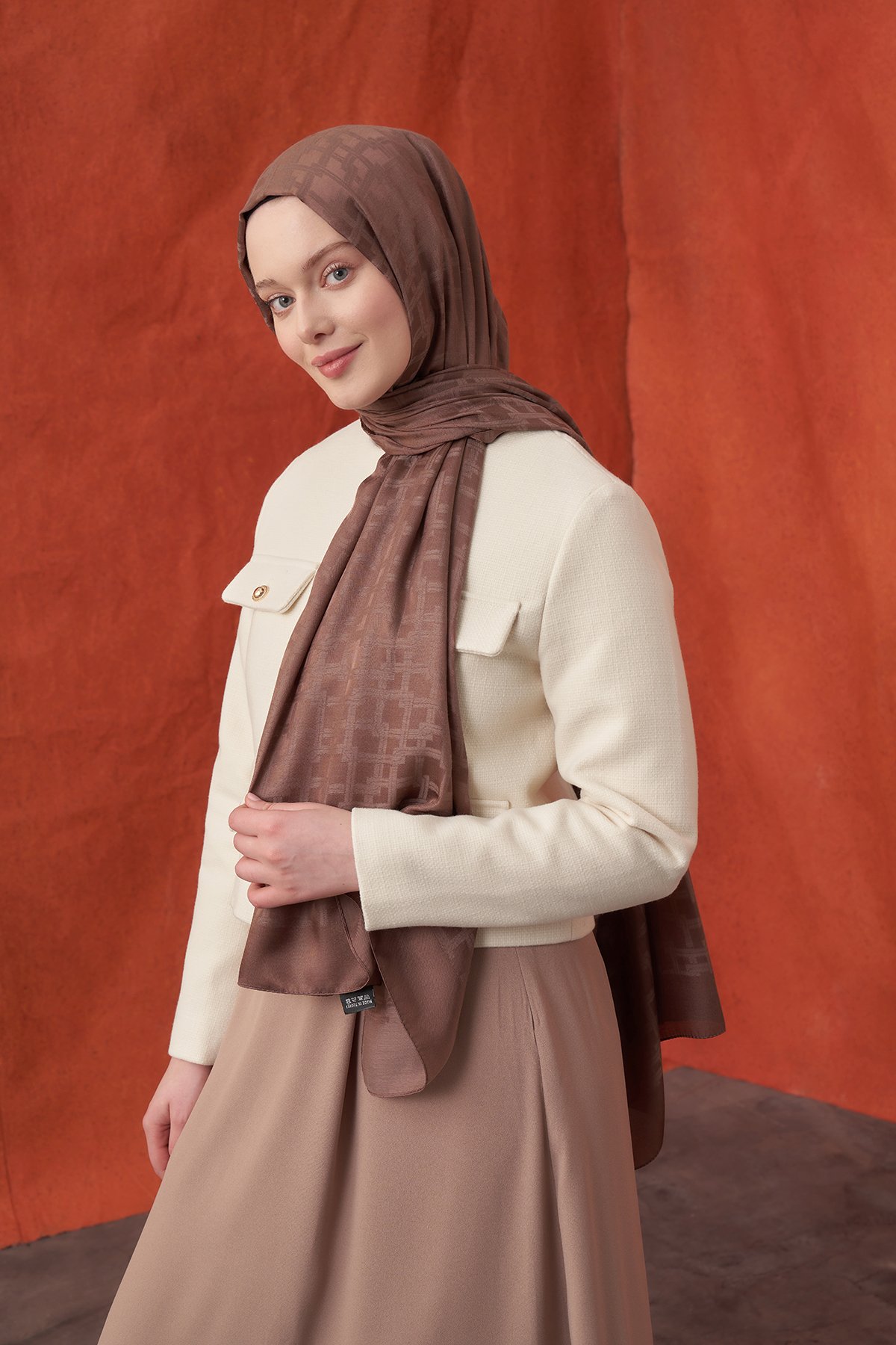 İTALYAN JAKAR BLOK DESEN ŞAL -  KAHVE