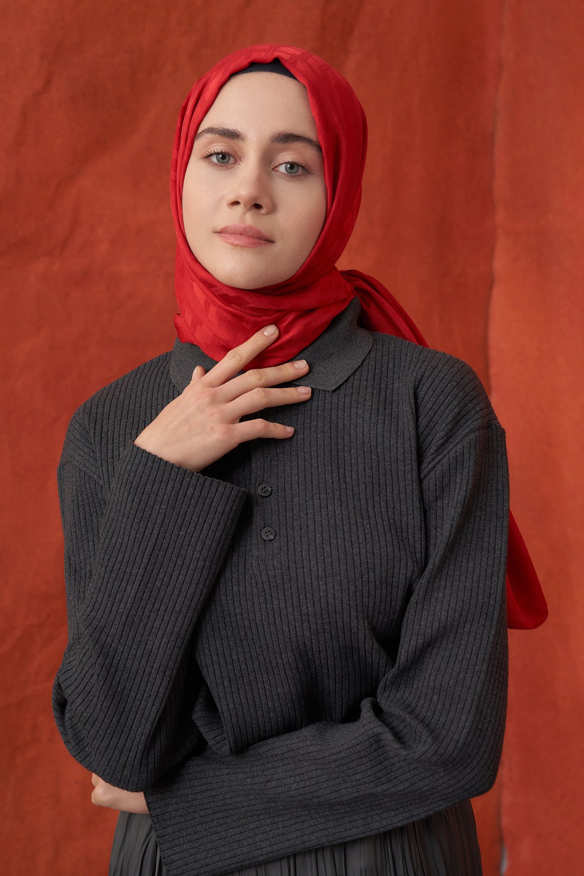 İTALYAN JAKAR BLOK DESEN ŞAL -  KIRMIZI