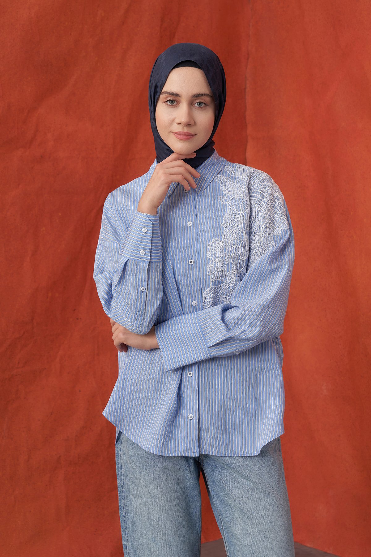 İTALYAN JAKAR BLOK DESEN ŞAL -  LACİVERT