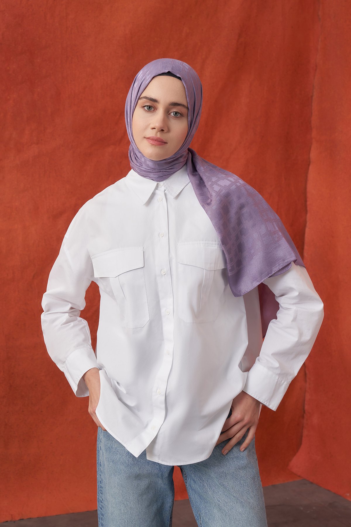 İTALYAN JAKAR BLOK DESEN ŞAL - LEYLAK