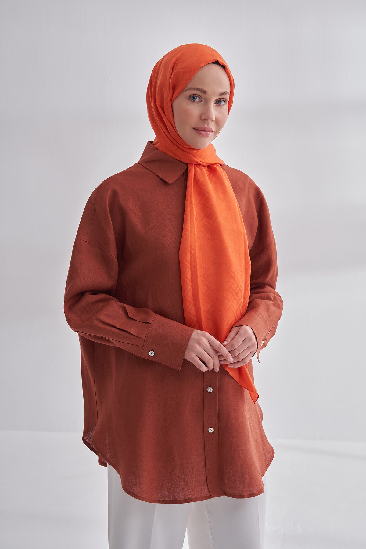 İTALYAN JAKAR GEOMETRİK DESEN ŞAL - ORANGE