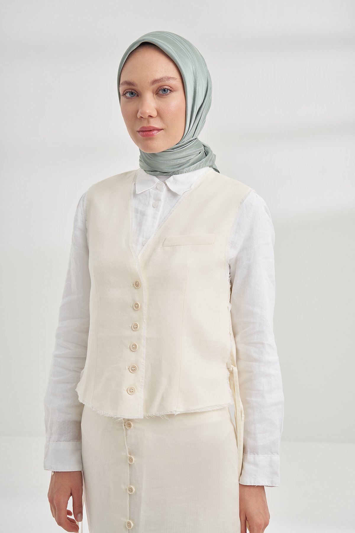 İTALYAN JAKAR ŞERİT DESEN EŞARP - KETEN YEŞİLİ