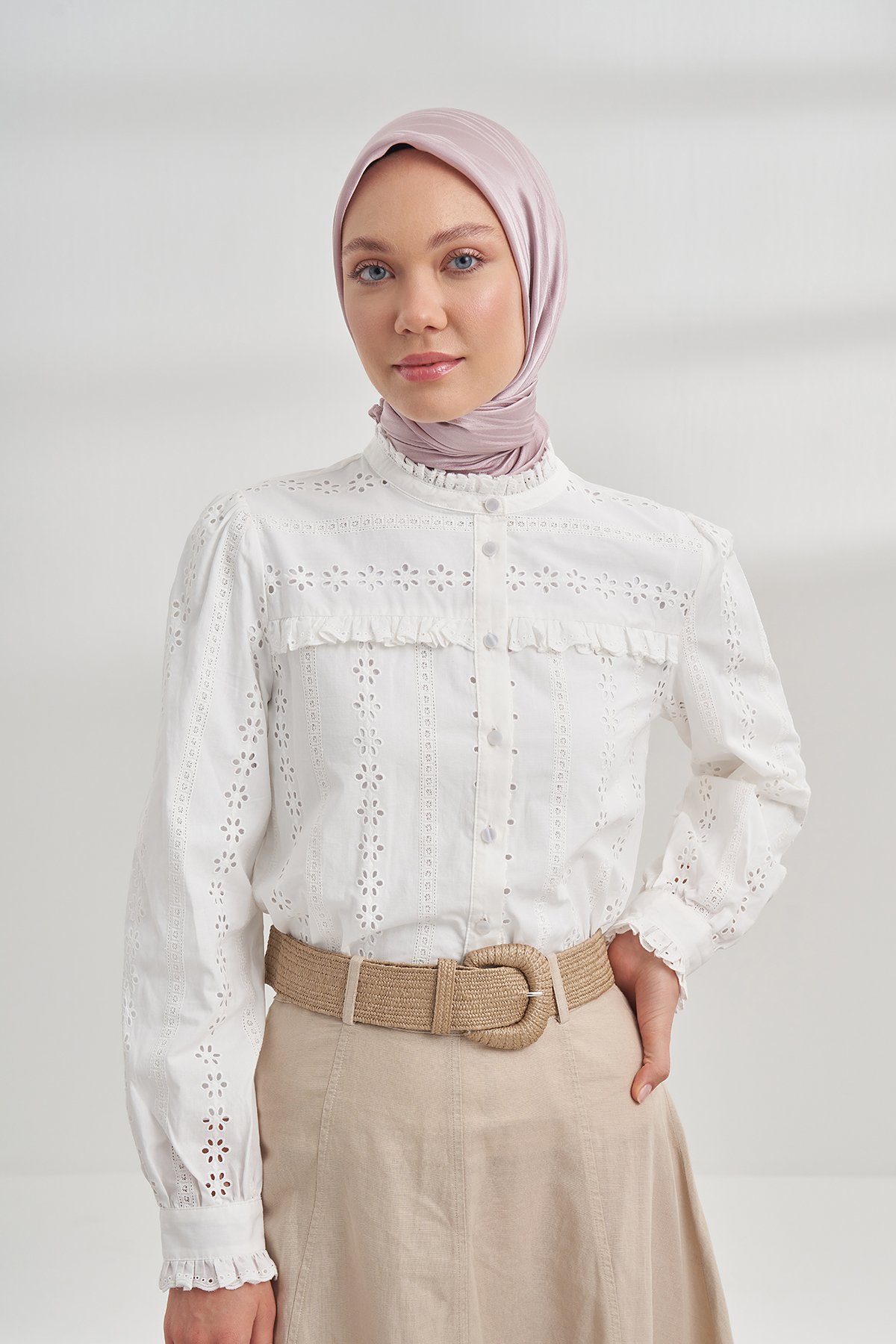 İTALYAN JAKAR ŞERİT DESEN EŞARP - SİSLİ PUDRA