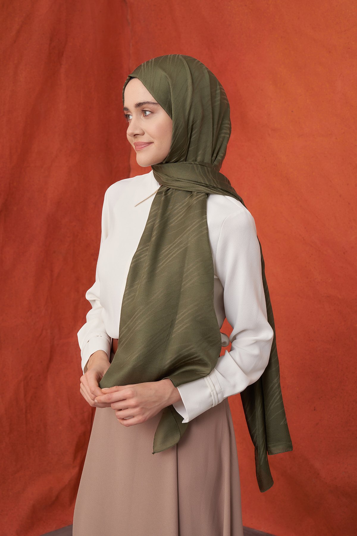 İTALYAN JAKAR ŞERİT DESEN ŞAL -  HAKİ