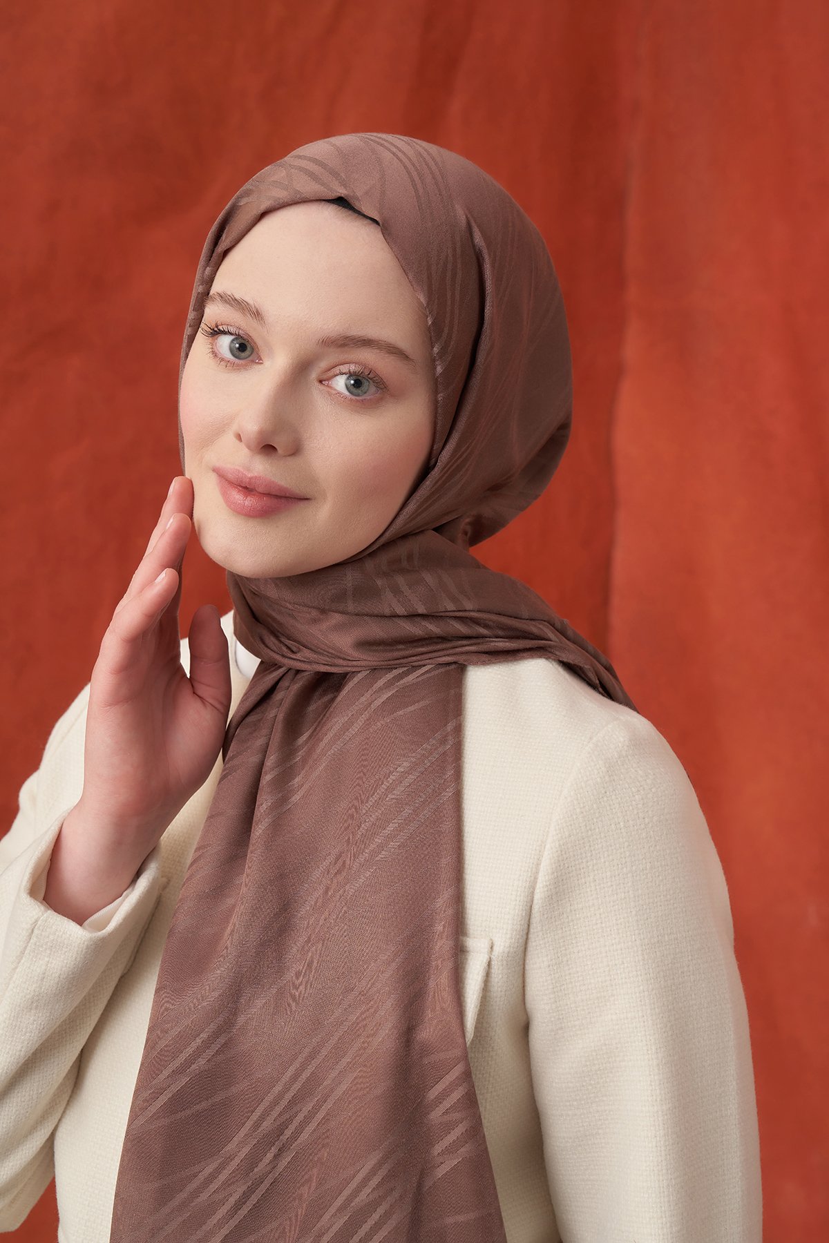 İTALYAN JAKAR ŞERİT DESEN ŞAL -  KAHVE