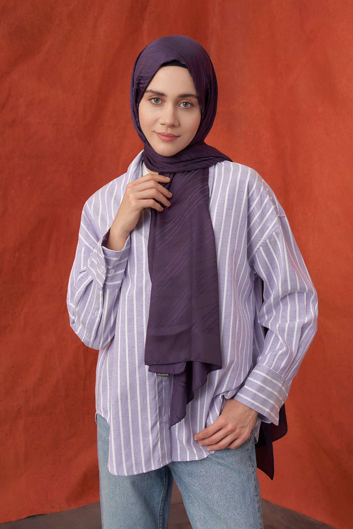 İTALYAN JAKAR ŞERİT DESEN ŞAL -  MÜRDÜM