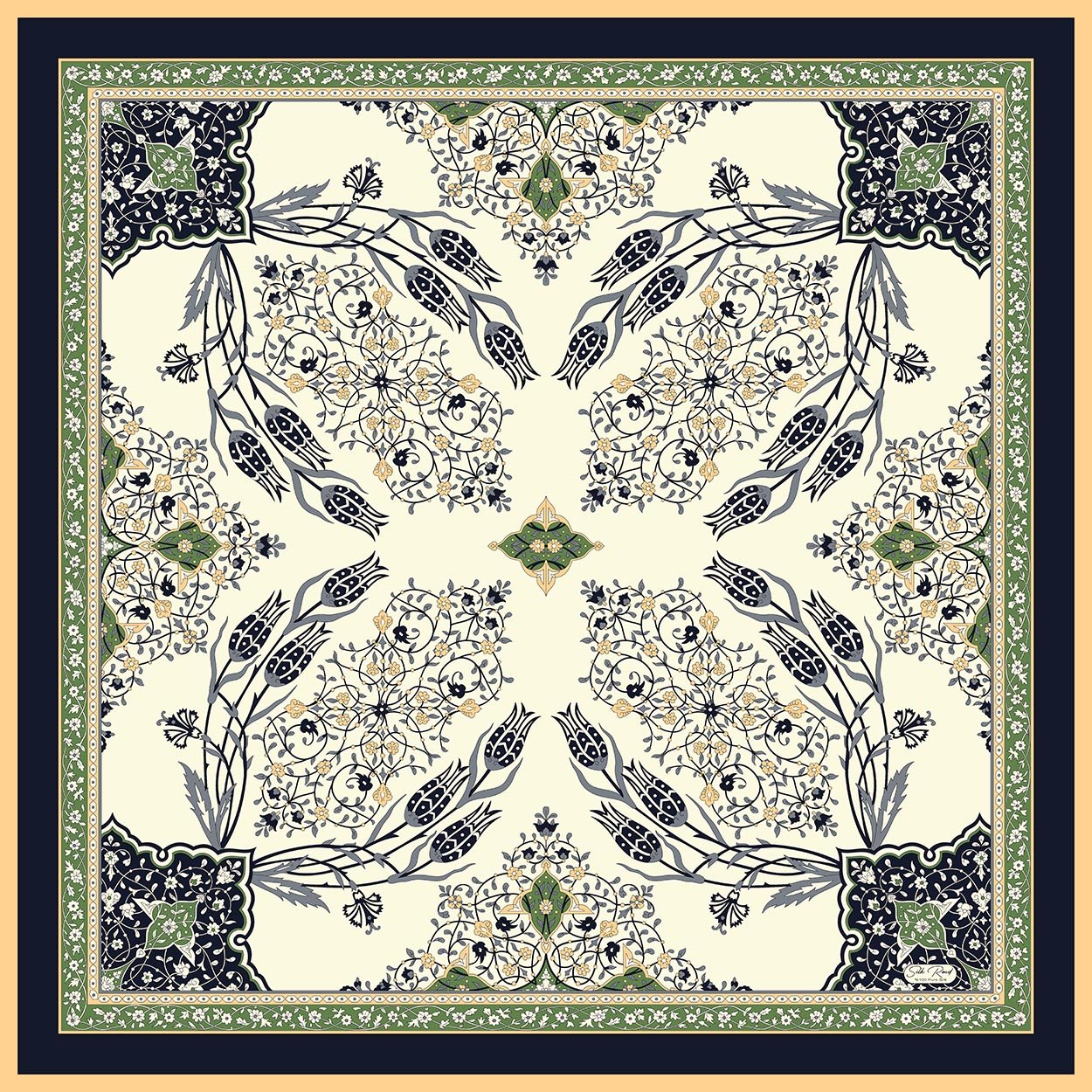 MIHRAB DESEN SATEN İPEK EŞARP - LACİVERT - HAKİ