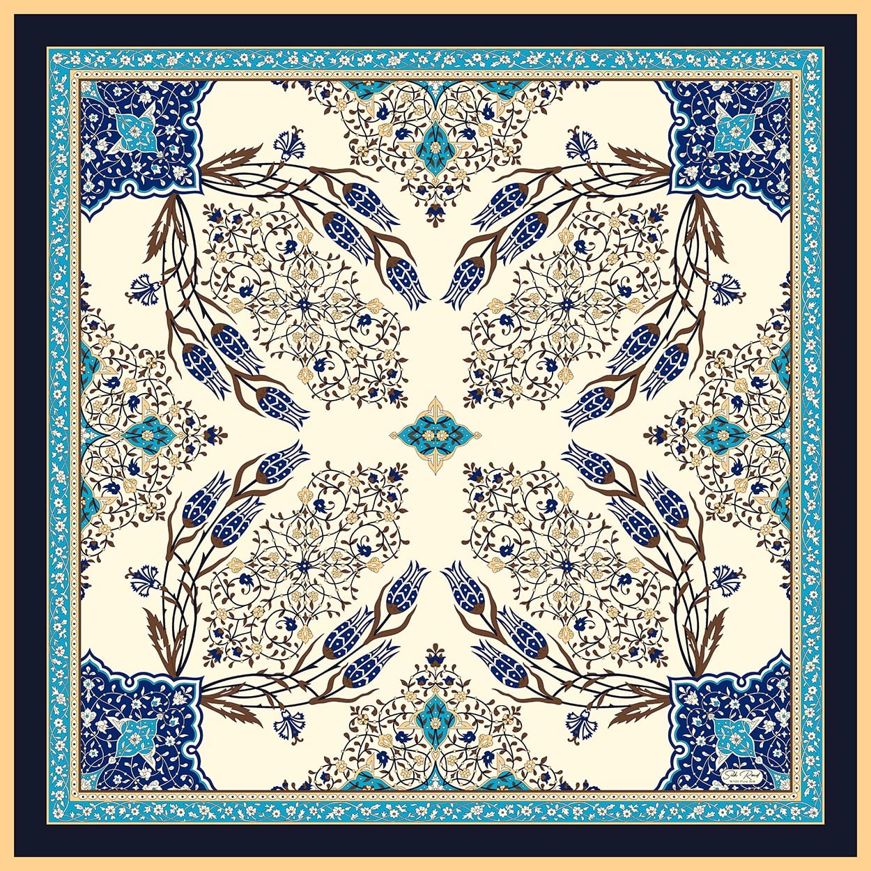 MIHRAB DESEN SATEN İPEK EŞARP - LACİVERT - TURKUAZ