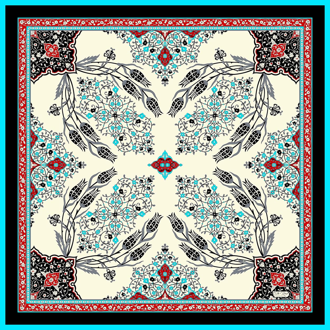 MIHRAB DESEN SATEN İPEK EŞARP - SİYAH - KREM