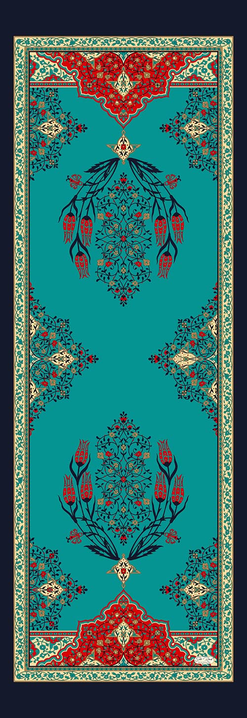 MIHRAB DESEN SATEN İPEK FULAR - LACİVERT - AQUA