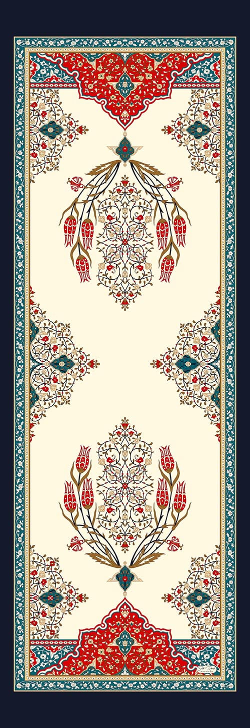 MIHRAB DESEN SATEN İPEK FULAR - LACİVERT - KREM