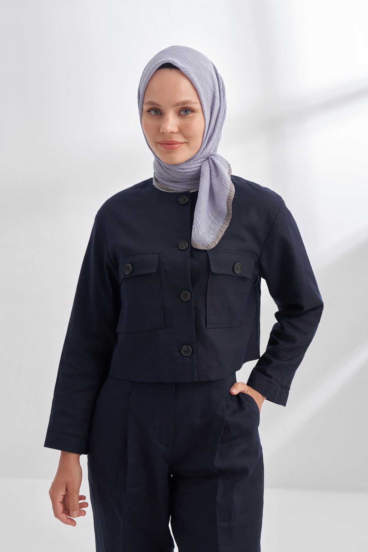 MÜSLİN BİYELİ EŞARP - GRİ MAVİ