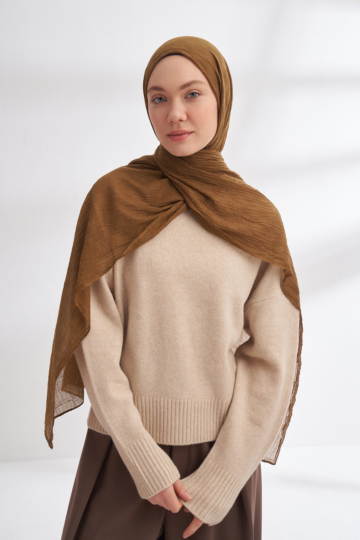 MÜSLİN DAMA DESEN ŞAL - KOYU YAĞ YEŞİLİ