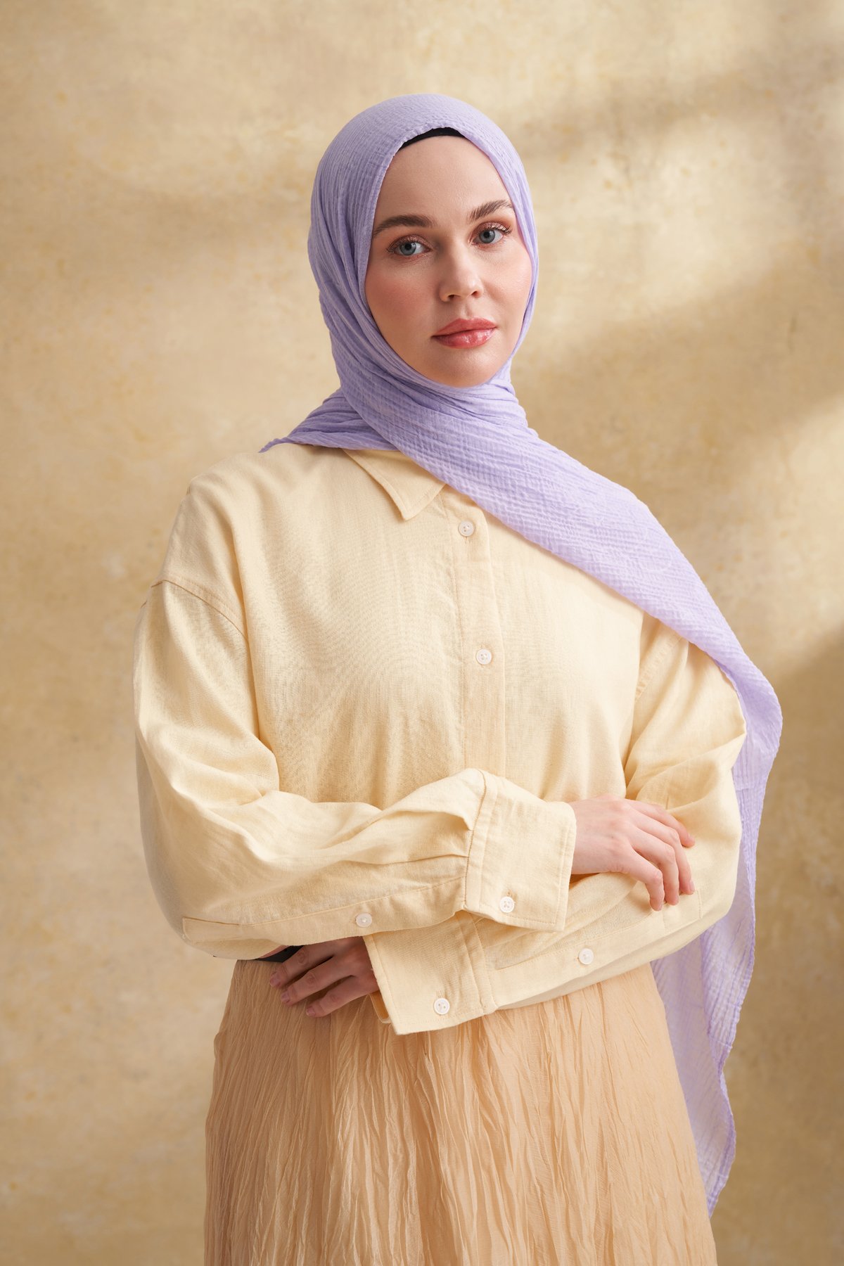 MÜSLİN YAPRAK DESEN ŞAL - AÇIK LEYLAK