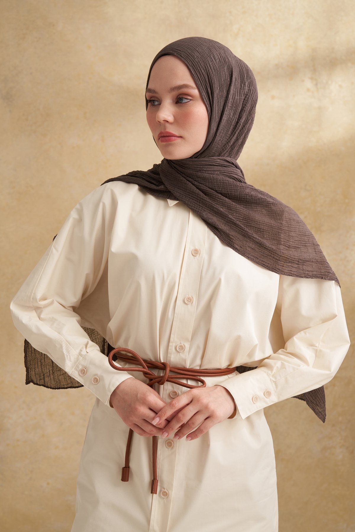 MÜSLİN YAPRAK DESEN ŞAL - FÜME