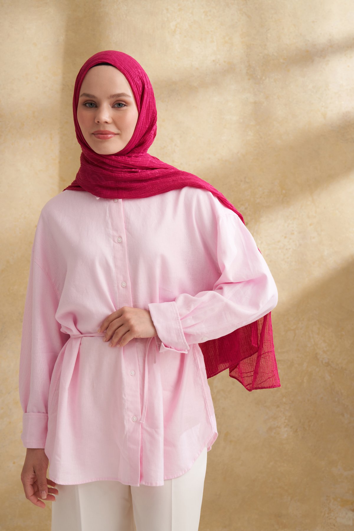 MÜSLİN YAPRAK DESEN ŞAL - FUŞYA