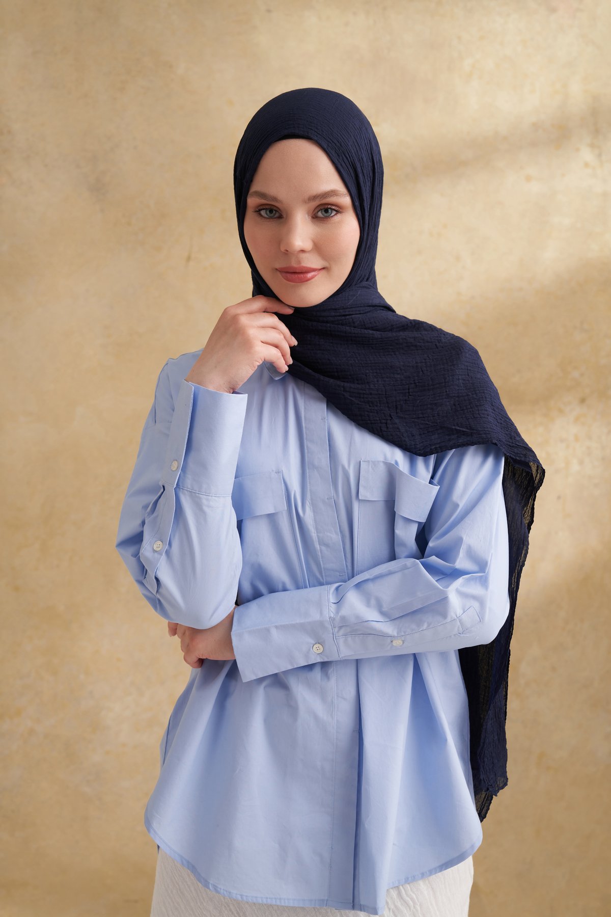 MÜSLİN YAPRAK DESEN ŞAL - LACİVERT