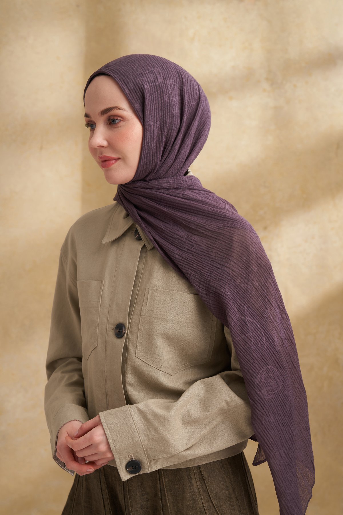 MÜSLİN YAPRAK DESEN ŞAL - LAVANTA