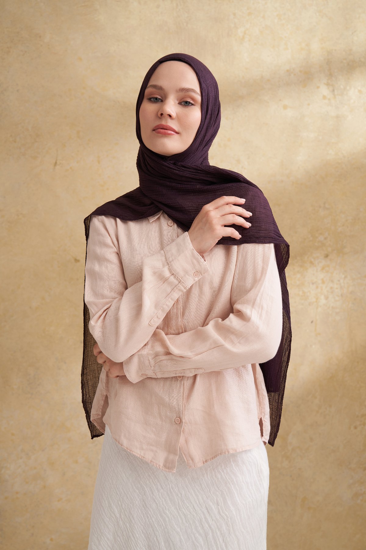 MÜSLİN YAPRAK DESEN ŞAL - MÜRDÜM