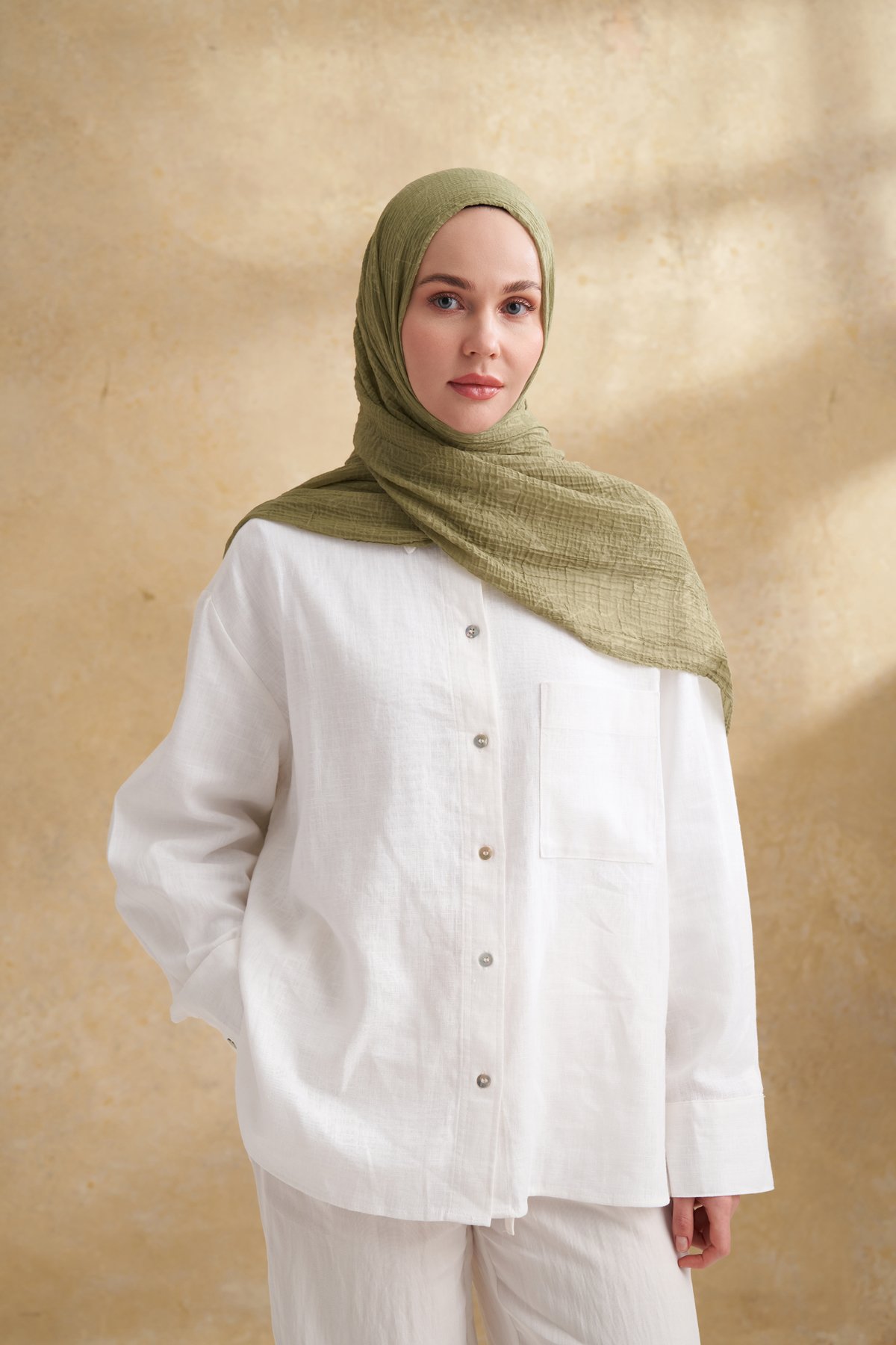 MÜSLİN YAPRAK DESEN ŞAL - OLIVE