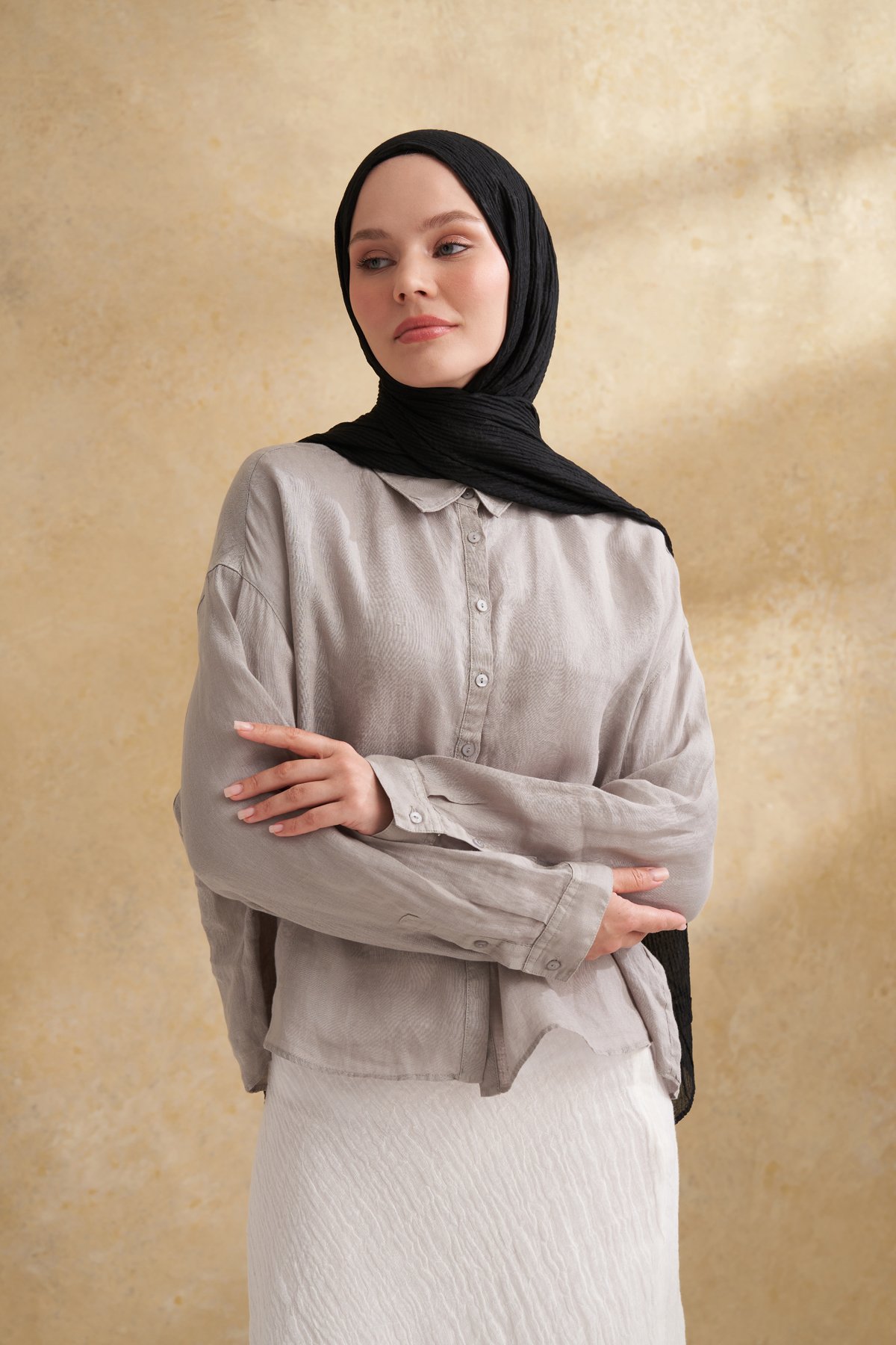 MÜSLİN YAPRAK DESEN ŞAL - SİYAH