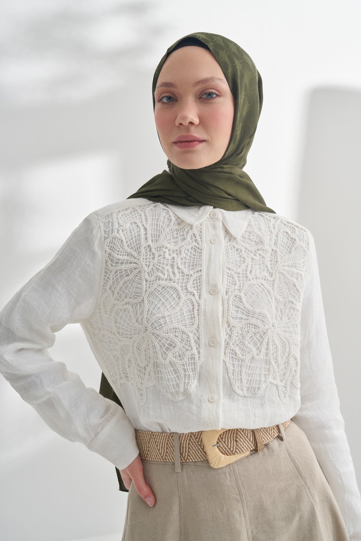 NANYA JAKAR RÜZGARGÜLÜ DESEN ŞAL - HAKİ