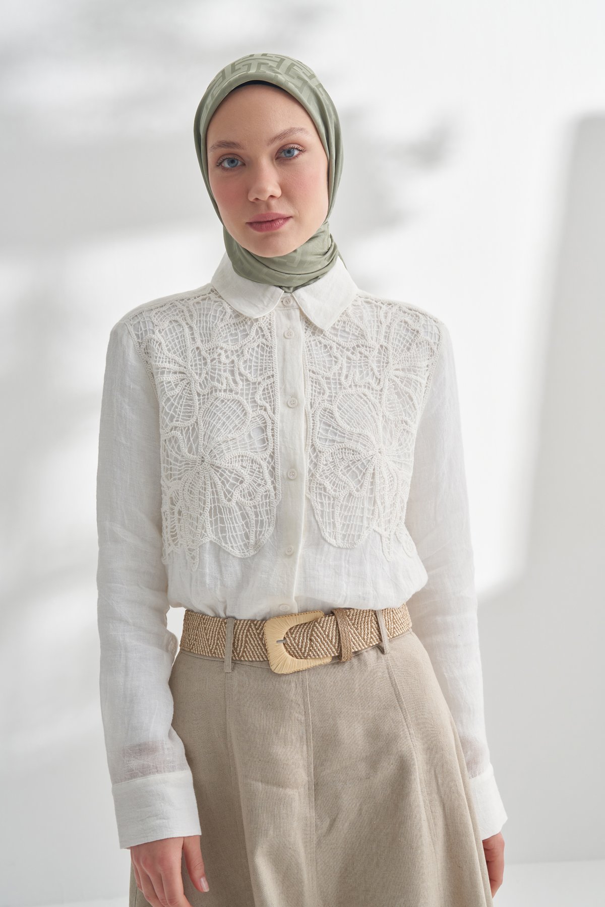 NANYA JAKAR T DESEN EŞARP - KETEN YEŞİLİ