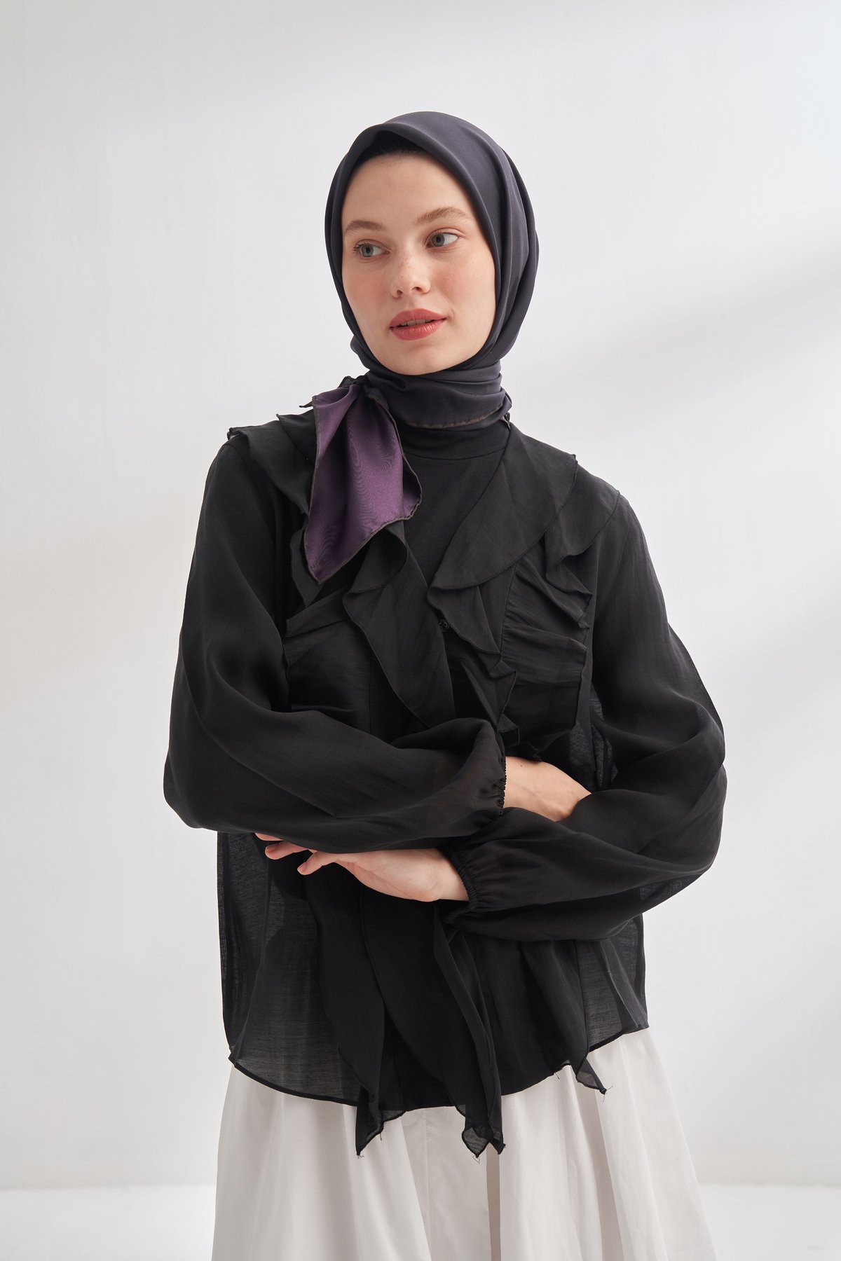 PREMIUM ÇİFT TARAFLI TWILL İPEK EŞARP - SİYAH - MÜRDÜM
