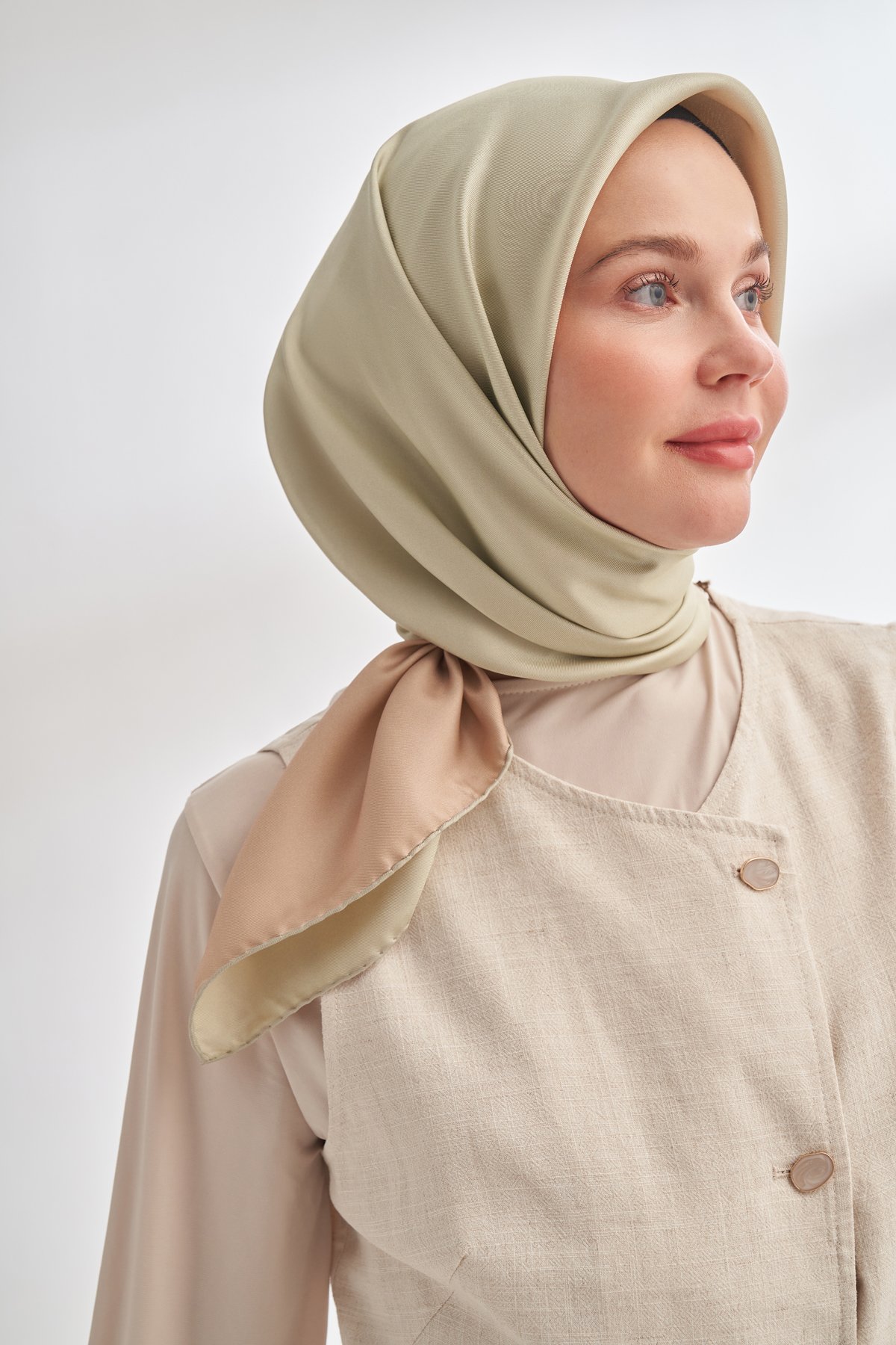 PREMIUM ÇİFT TARAFLI TWILL İPEK EŞARP -  TOPRAK - KETEN YEŞİLİ