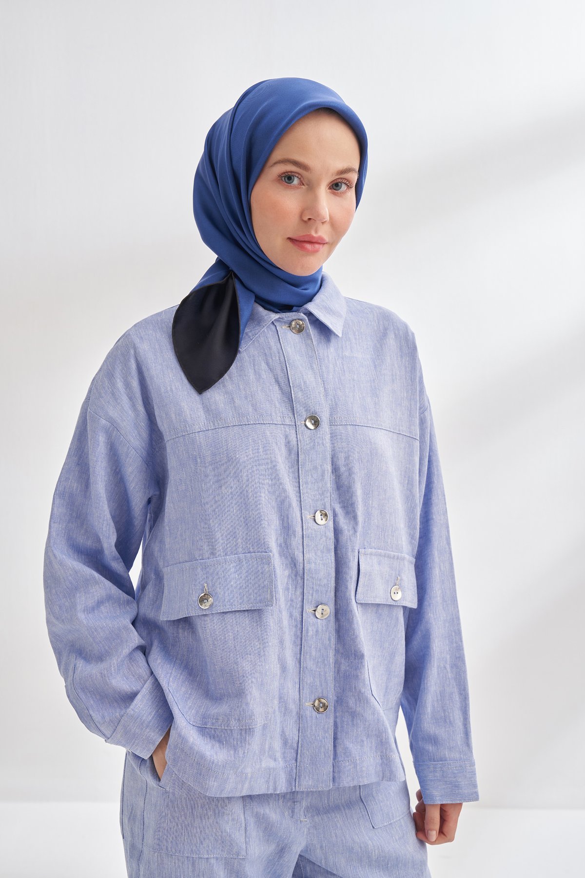 PREMIUM ÇİFT TARAFLI TWILL İPEK EŞARP - SİYAH - SAKS