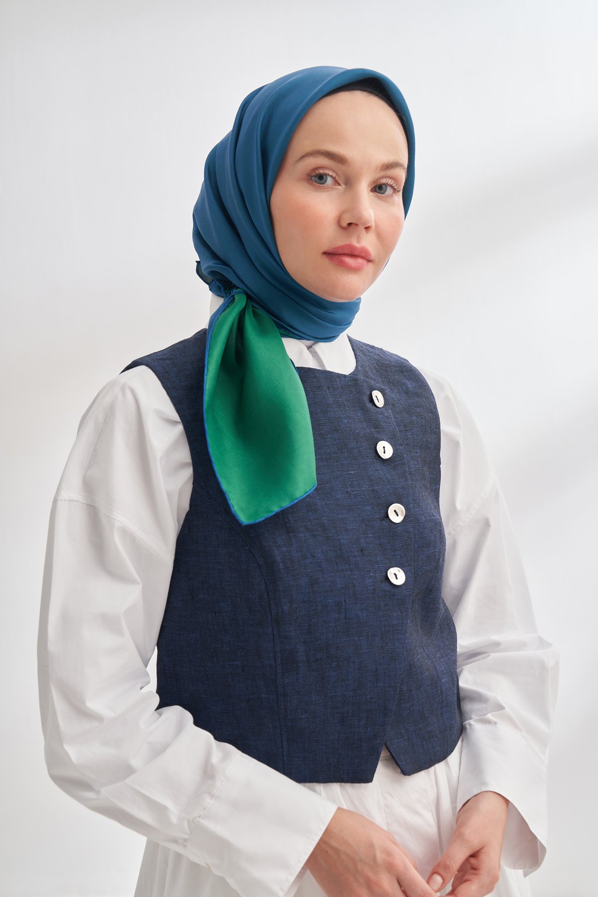 PREMIUM ÇİFT TARAFLI TWILL İPEK EŞARP - SAKS - BENETTON