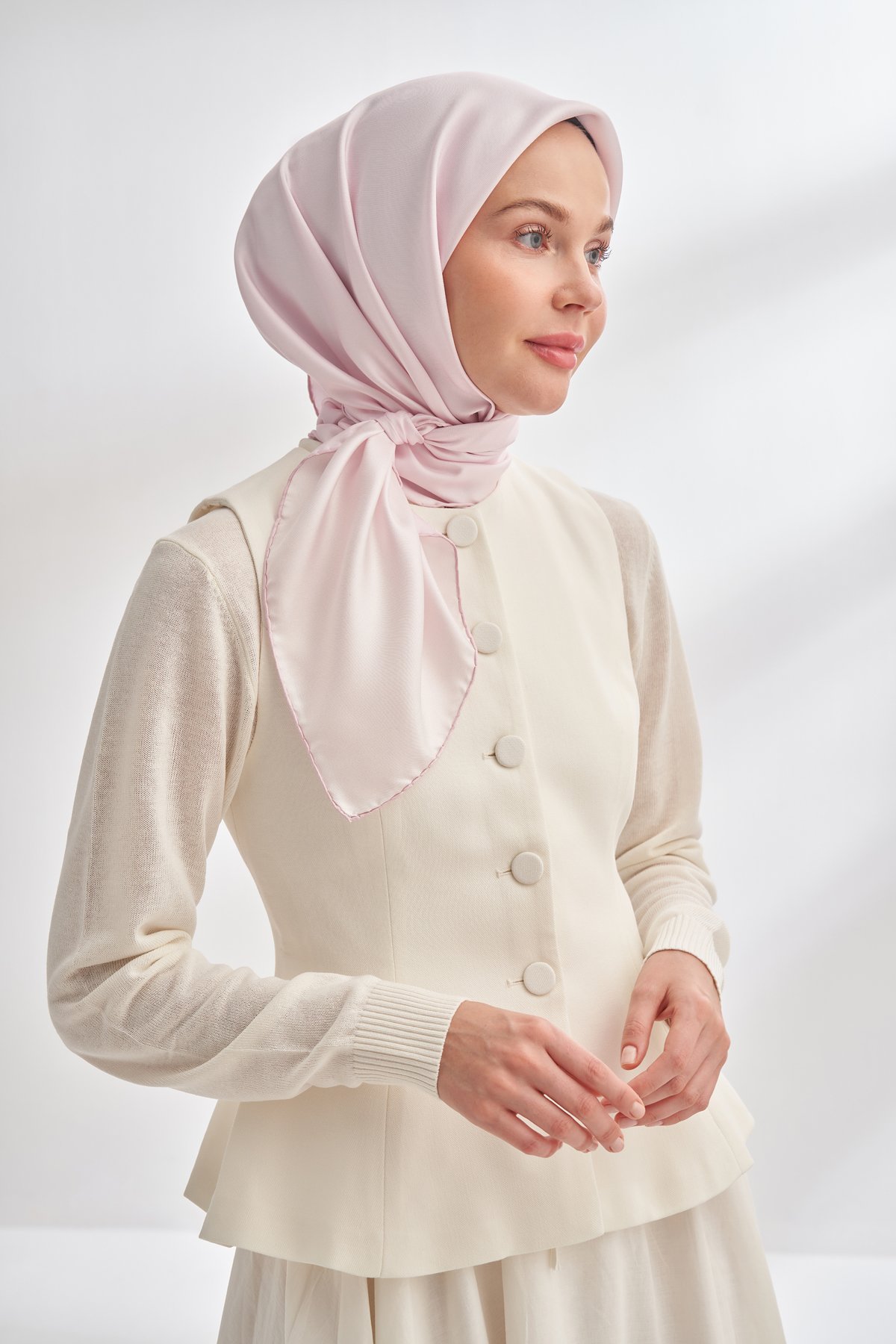 PREMIUM ÇİFT TARAFLI TWILL İPEK EŞARP - TOZ PUDRA - ÇAKIL TAŞI