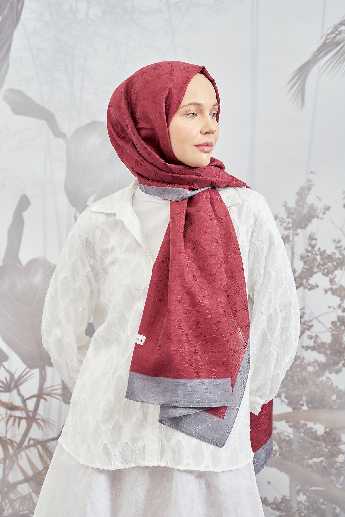 ZİNCİR MONOGRAM ŞAL - BORDO - GRİ