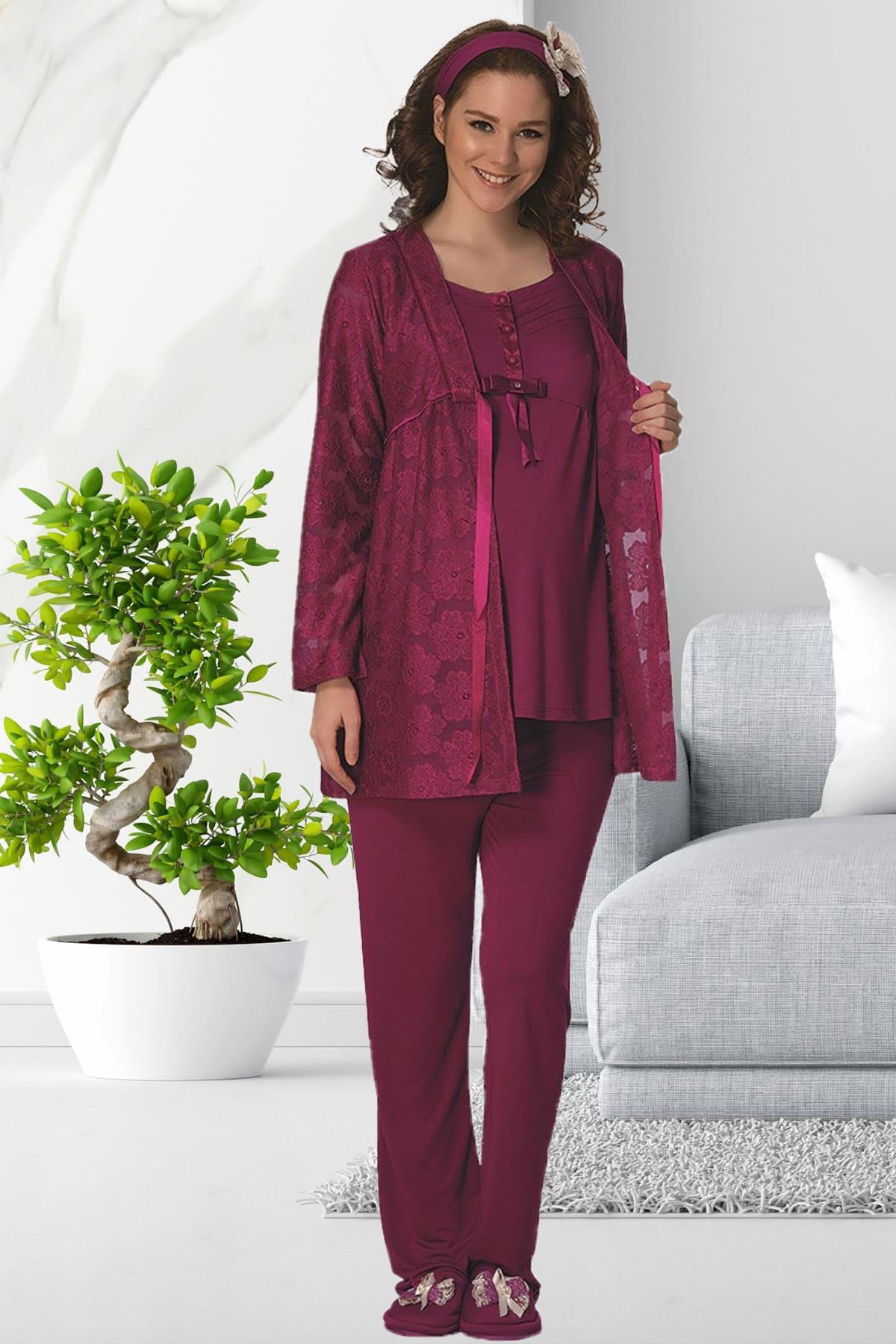 By Mecit 1804 Dantel Sabahlıklı Lohusa Pijama Takımı