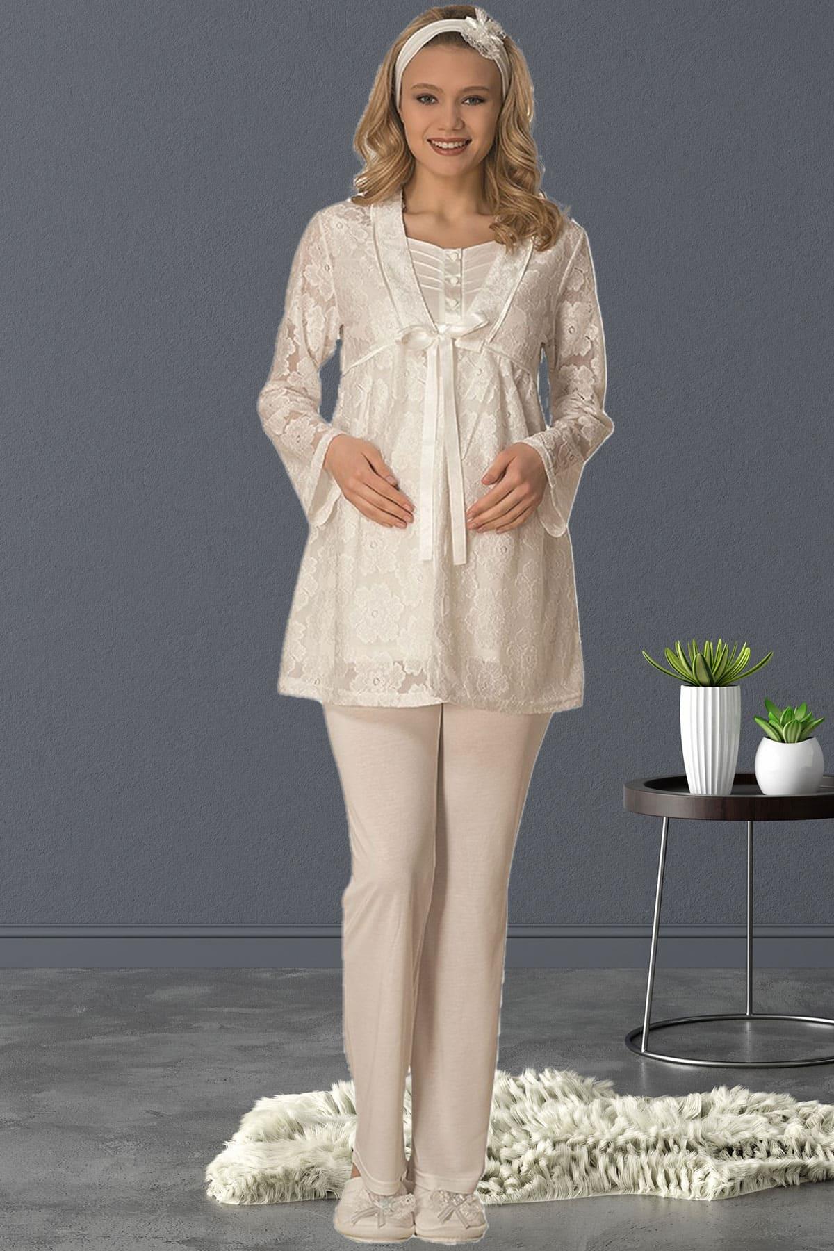 By Mecit 1804 Dantel Sabahlıklı Lohusa Pijama Takımı