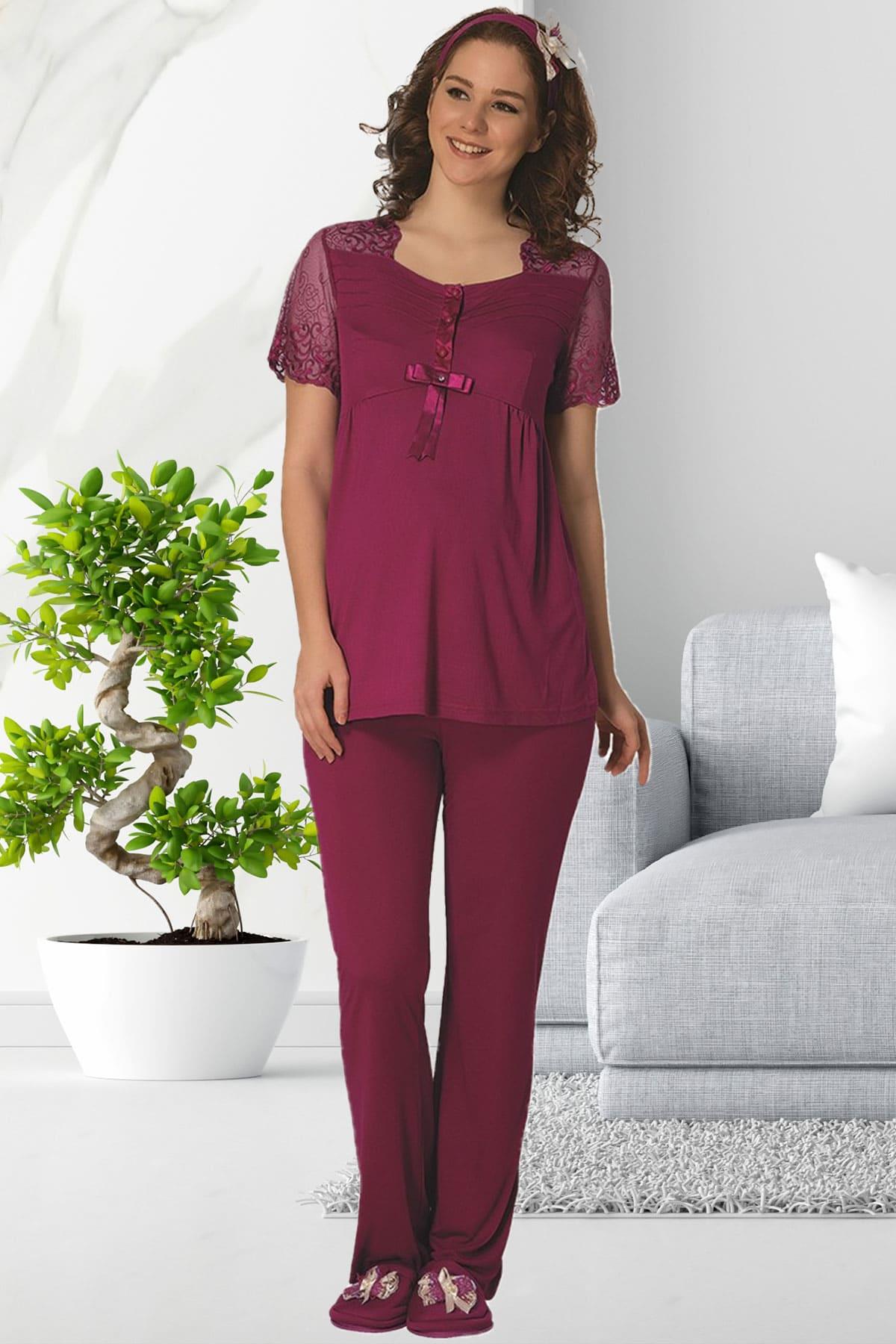 By Mecit 1804 Dantel Sabahlıklı Lohusa Pijama Takımı