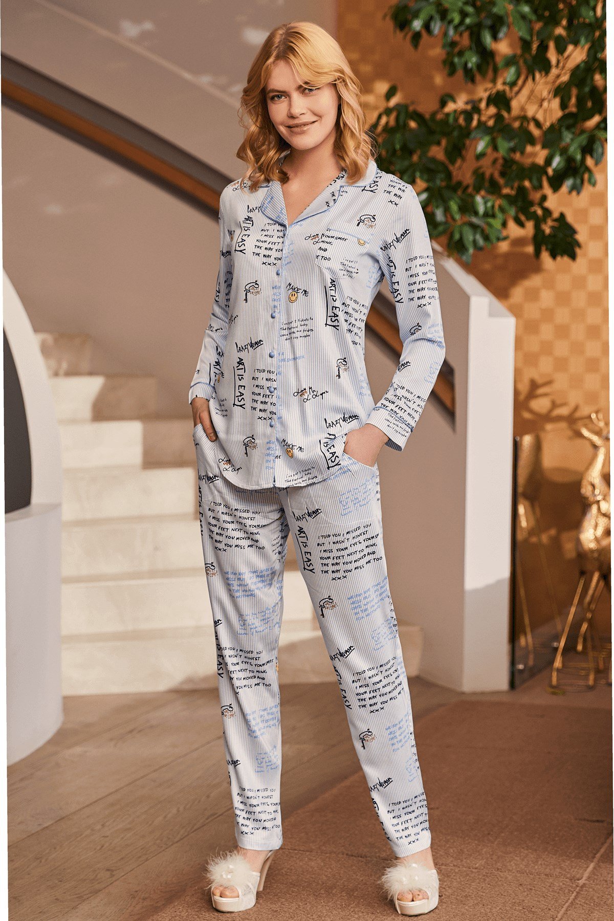 By Mecit 5145 Önden Düğmeli Kadın Pijama Takımı